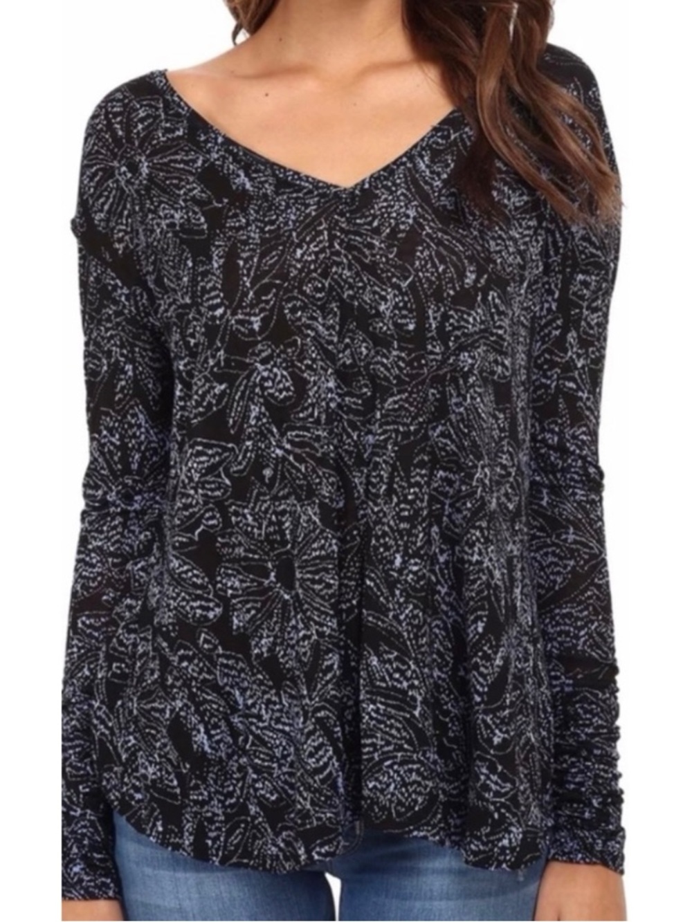 FREE PEOPLE | Sahara Ruched Sleeves Printed Blue Crop Back Top Sz. Small‎